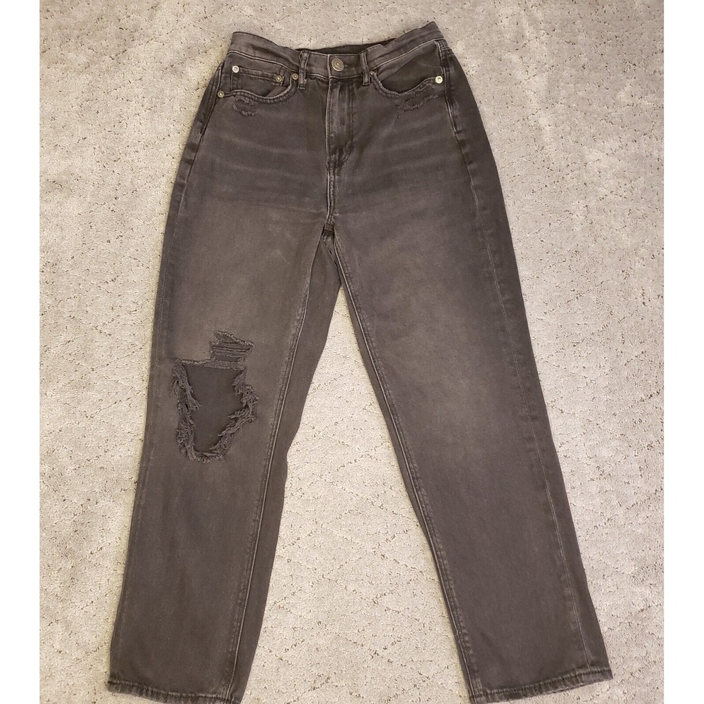 American Eagle Jeans Womens 2S Black Highest Rise 90s‎ Boyfriend Ripped Denim